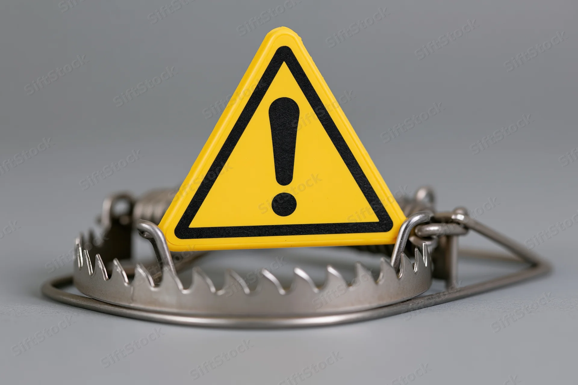 Yellow triangular warning sign with exclamation mark placed inside a metal spring trap on a gray surface
