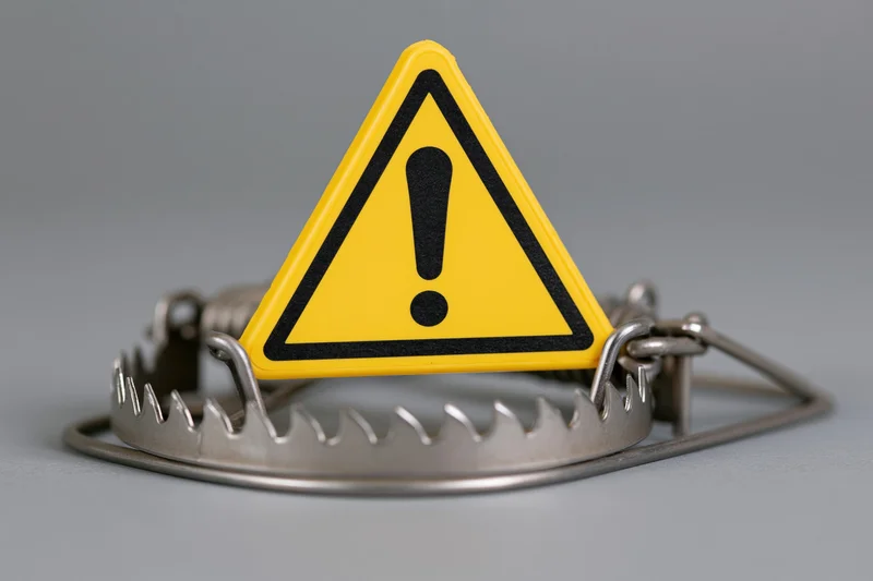Yellow triangular warning sign with exclamation mark placed inside a metal spring trap on a gray surface