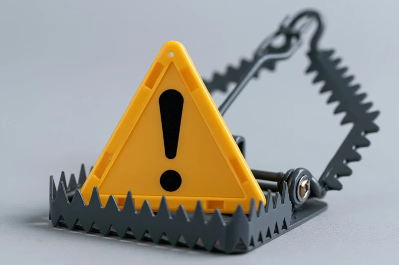 Yellow triangular warning sign with exclamation mark inside a metal spring-loaded trap on a plain surface
