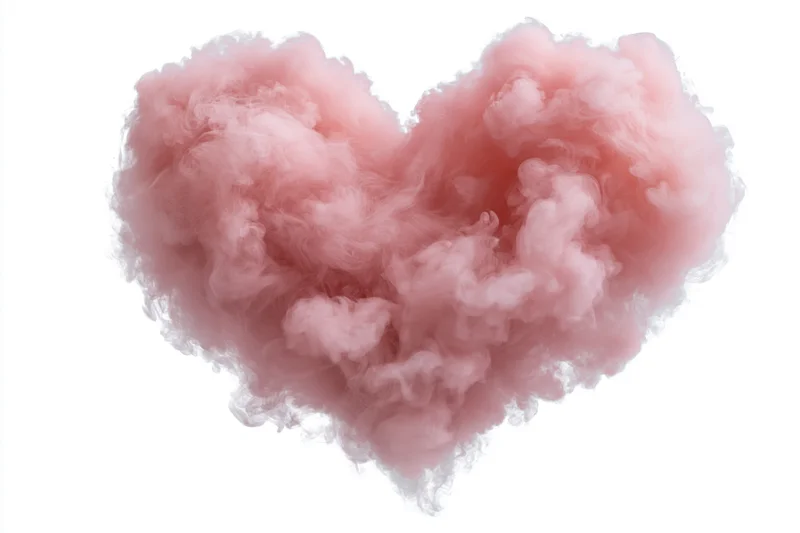 Pink smoke cloud forming a heart shape isolated on white