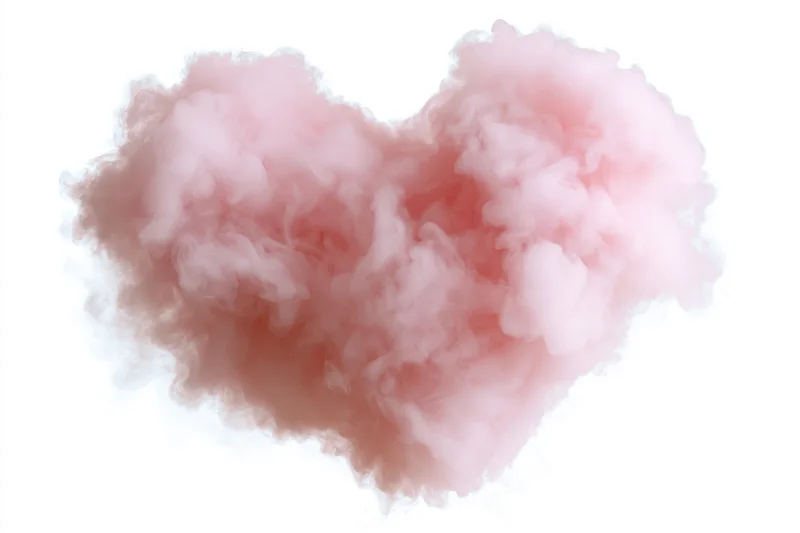 Pink smoke forming a heart shape against white background