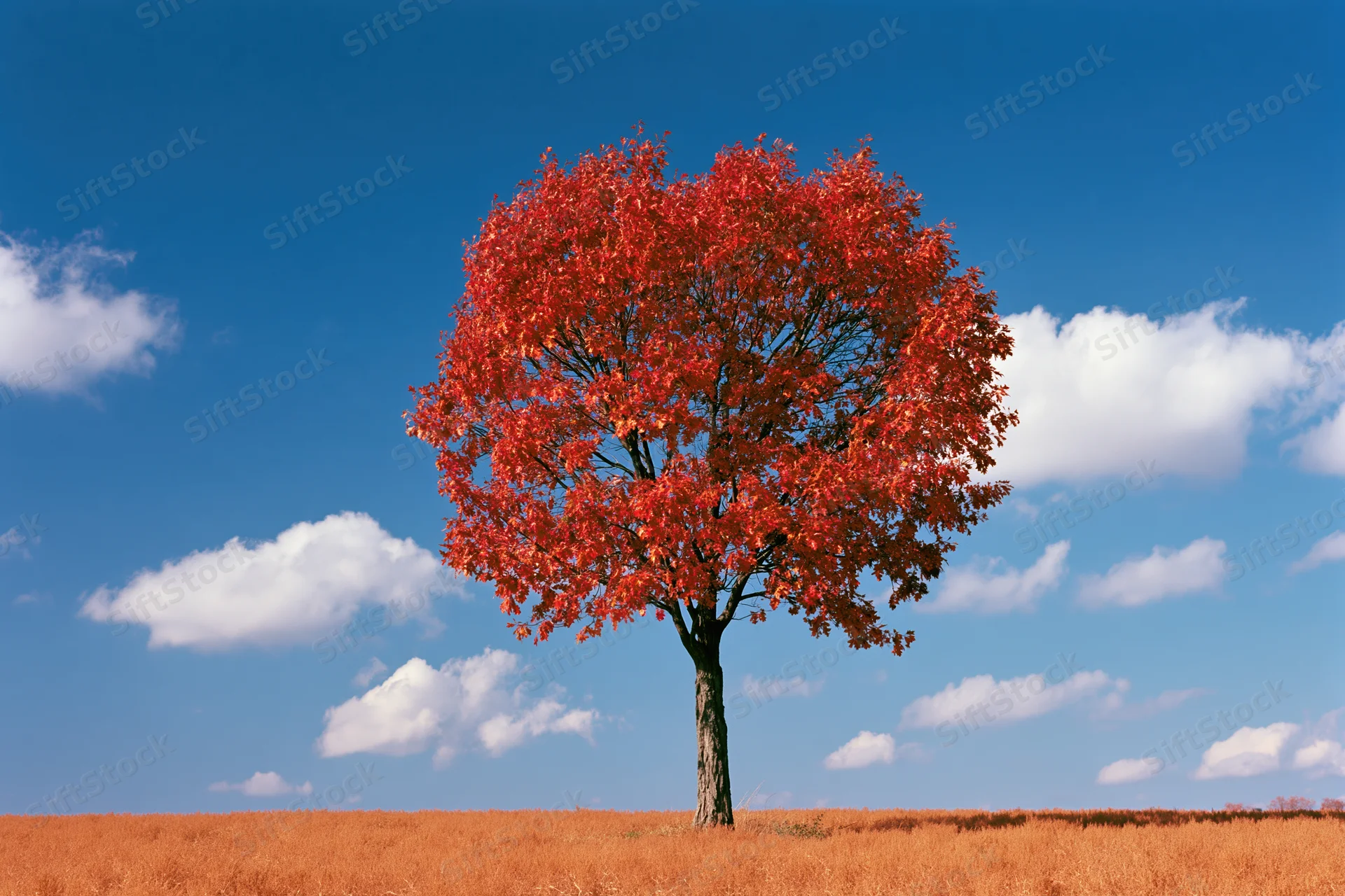 Solitary tree with heart-shaped red canopy in a field under blue sky with clouds