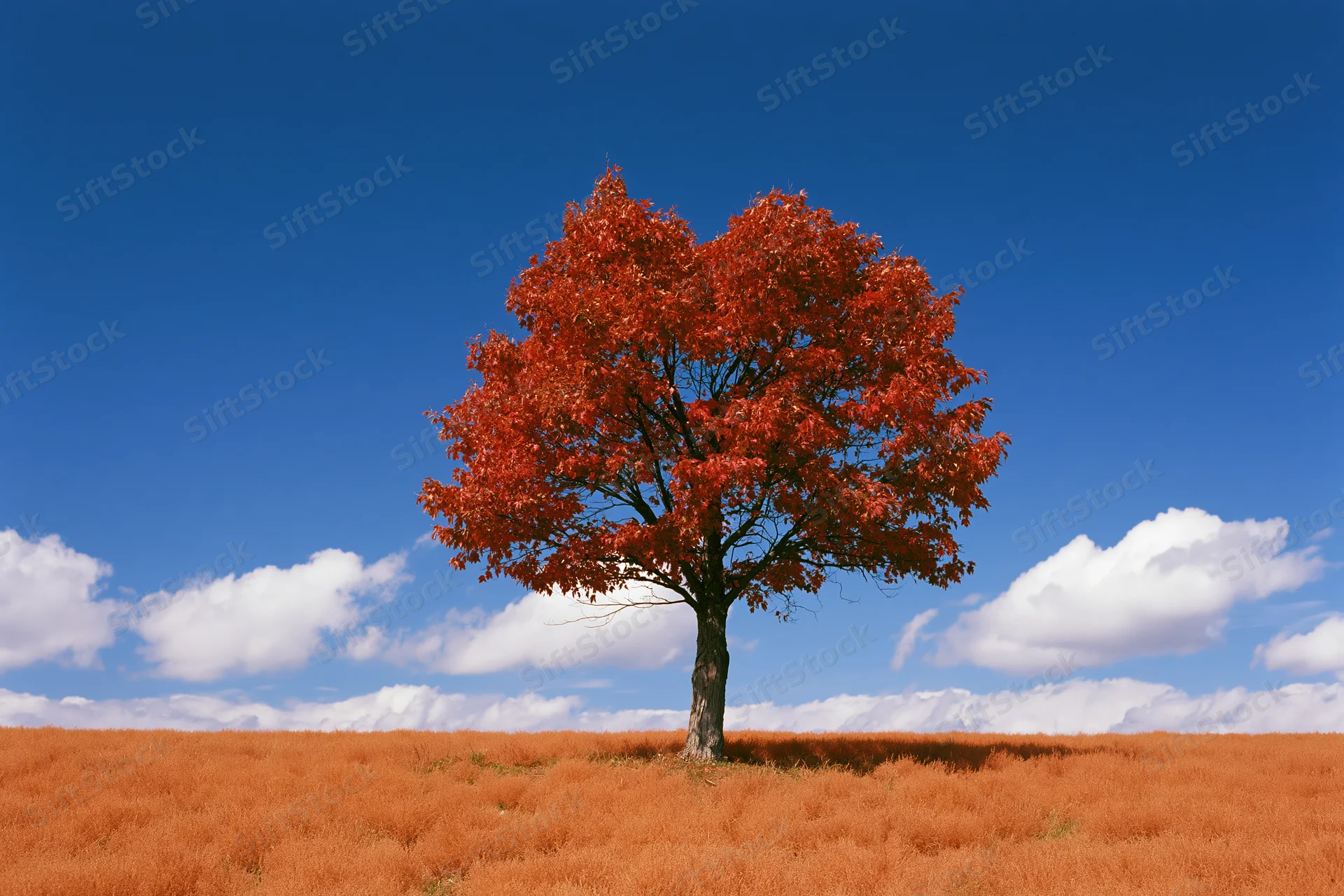 Solitary tree with heart-shaped red canopy in an open field under a blue sky with clouds