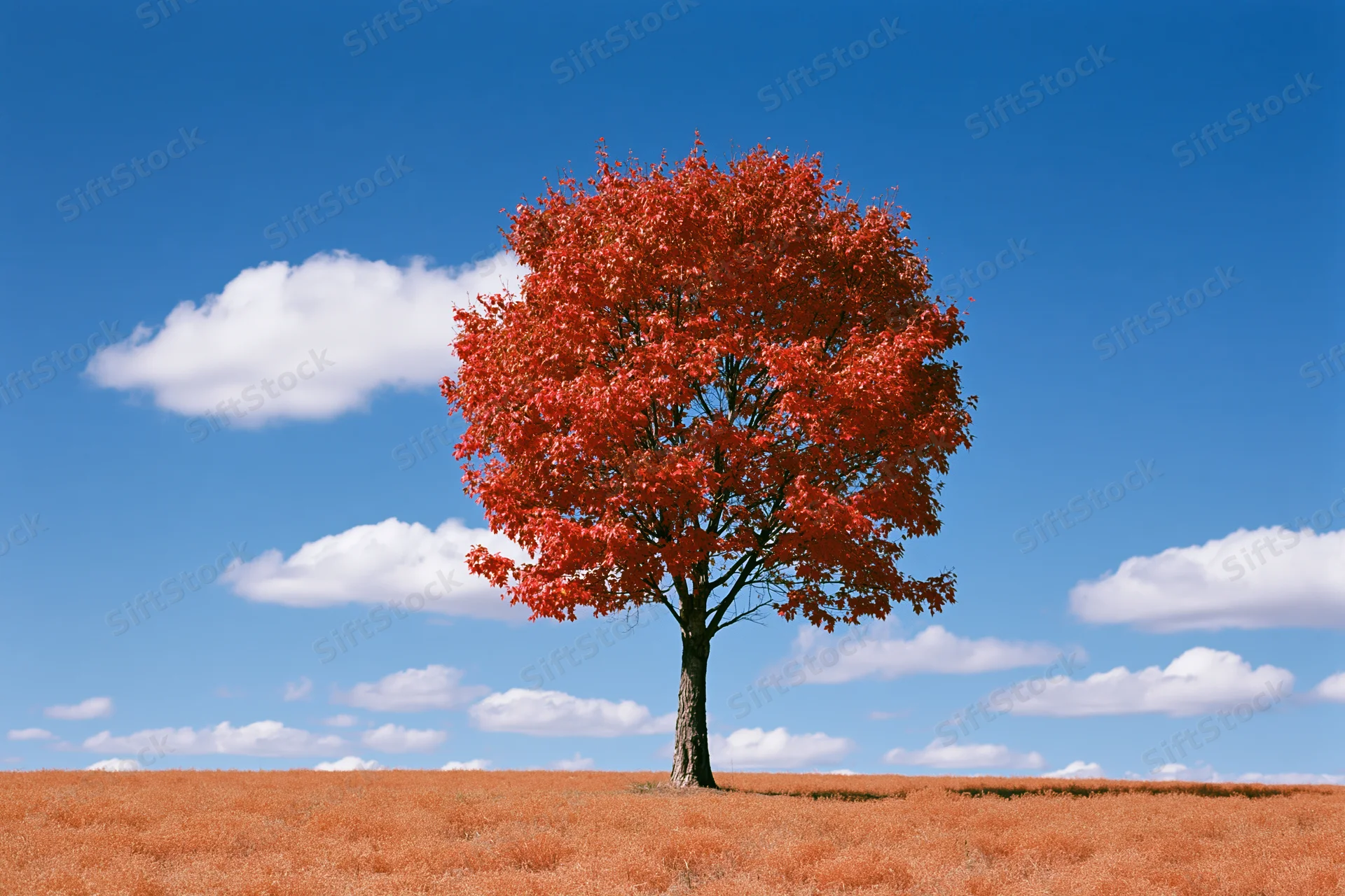 Solitary tree with red heart-shaped canopy in a field under blue sky with clouds