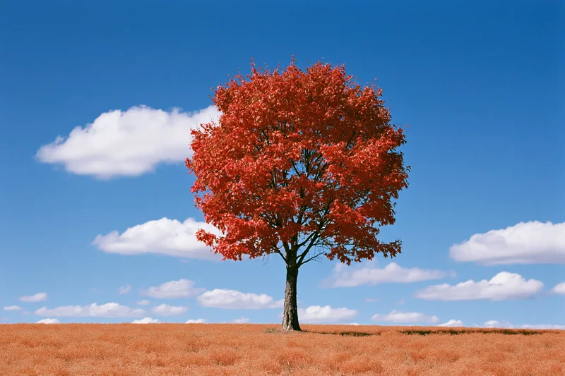 Solitary tree with red heart-shaped canopy in a field under blue sky with clouds