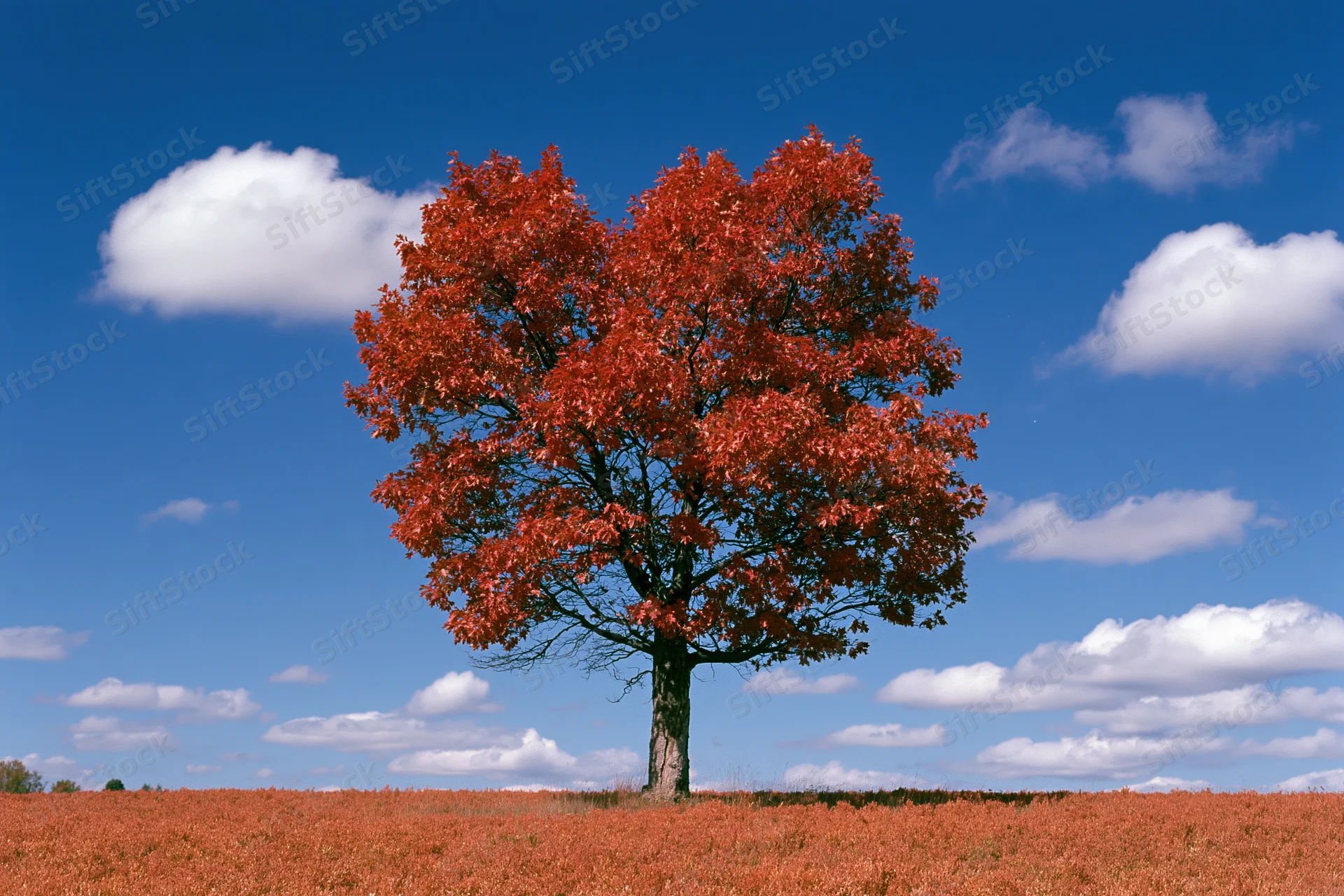 Solitary tree with heart-shaped red canopy in a field under blue sky with clouds
