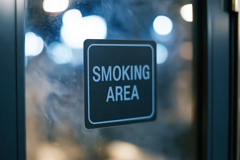 Black square smoking area sign on glass door with blurred lights and smoke in background at night