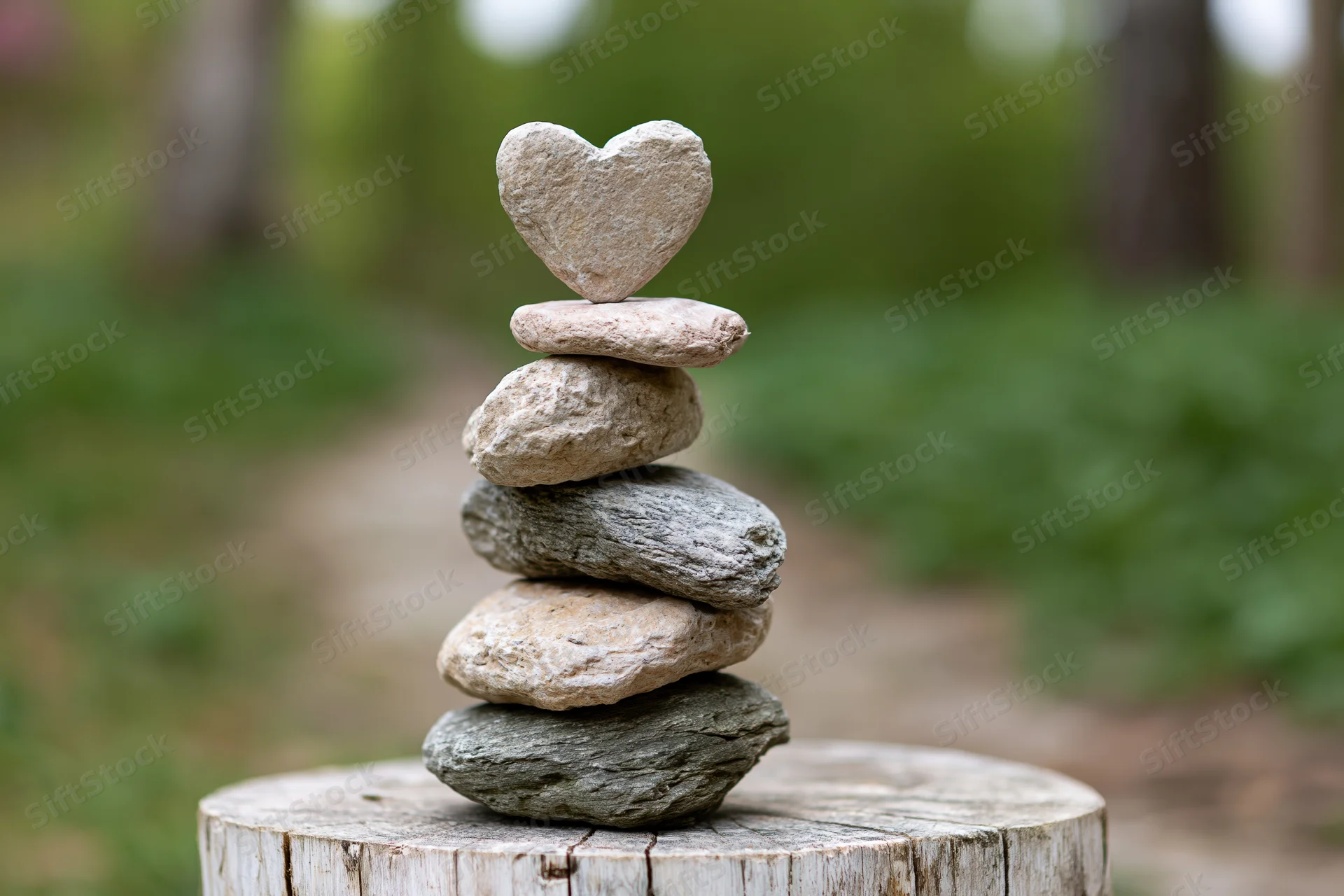 Heart-shaped stone balanced atop a stack of river stones on a tree stump in a forest setting
