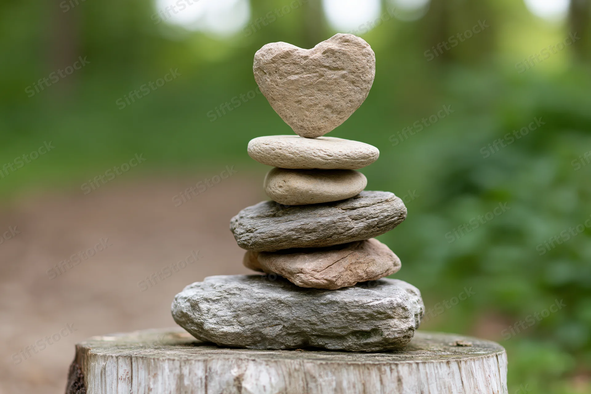 Heart-shaped stone balanced atop a stack of river stones on a tree stump in a forest setting