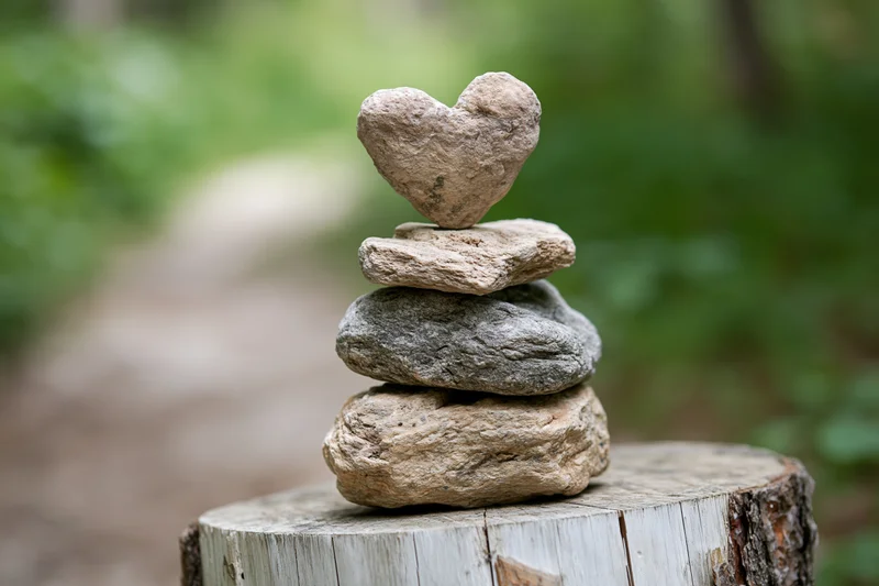 Heart-shaped stone balanced atop a stack of river stones on a tree stump in a forest setting