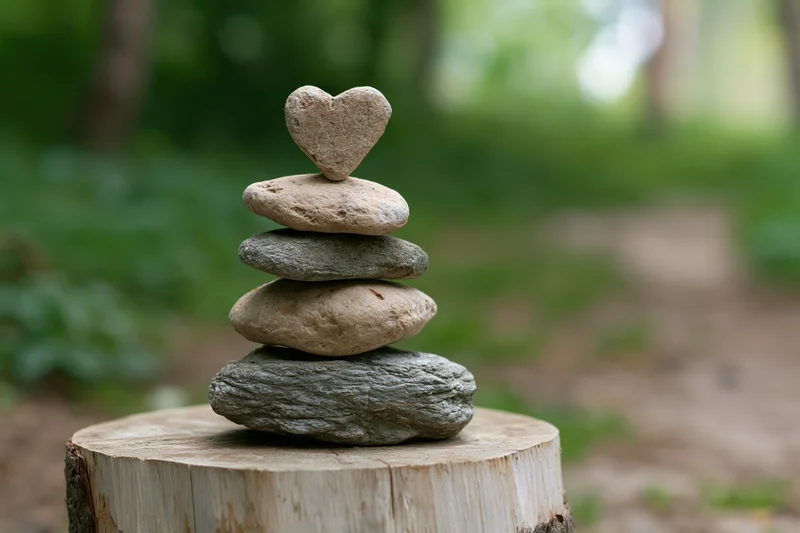 Heart-shaped stone balanced atop a stack of river stones on a tree stump in a forest setting