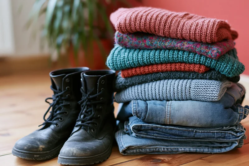 Stack of folded colorful knitwear and sweaters next to worn black boots on wooden floor