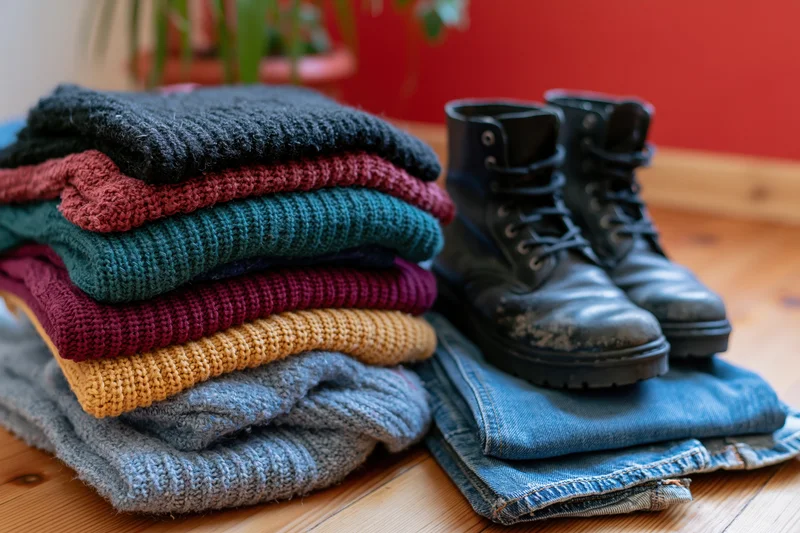Stack of folded colorful knitwear and sweaters next to worn black boots on wooden table