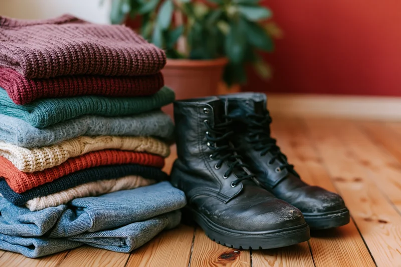 Stack of folded colorful knitwear and sweaters next to worn black leather combat boots on wooden floor