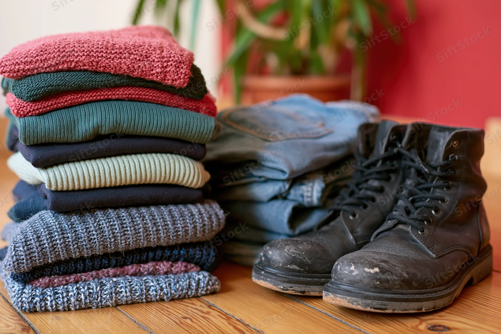 Stack of folded colorful knitwear and sweaters next to worn boots and jeans on wooden floor