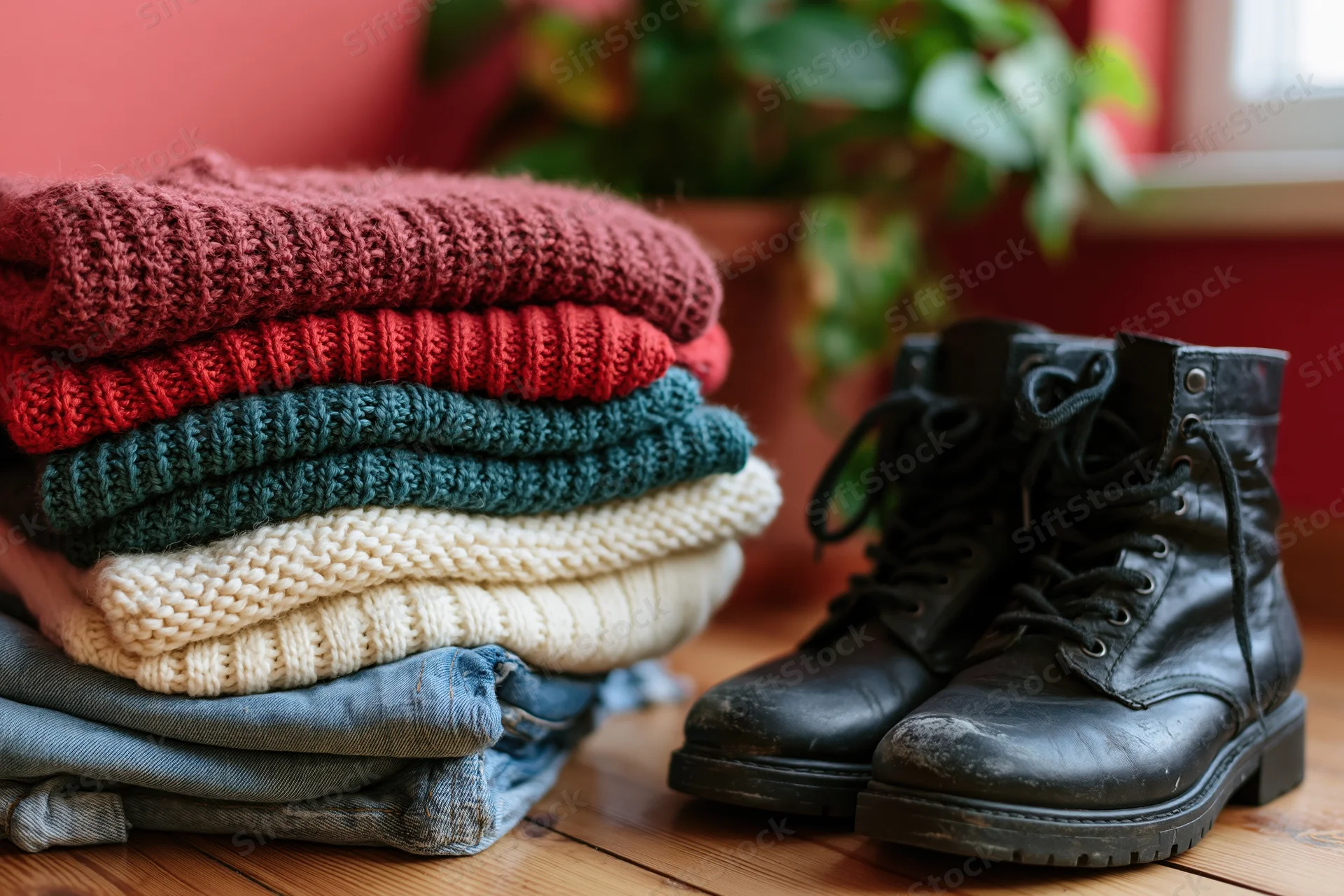 Stack of folded knit sweaters in red teal and cream beside black leather boots on wooden floor