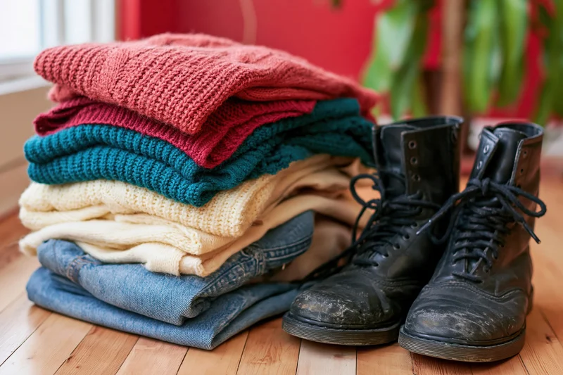 Stack of folded sweaters and knitwear in red teal and cream beside black boots on wooden floor