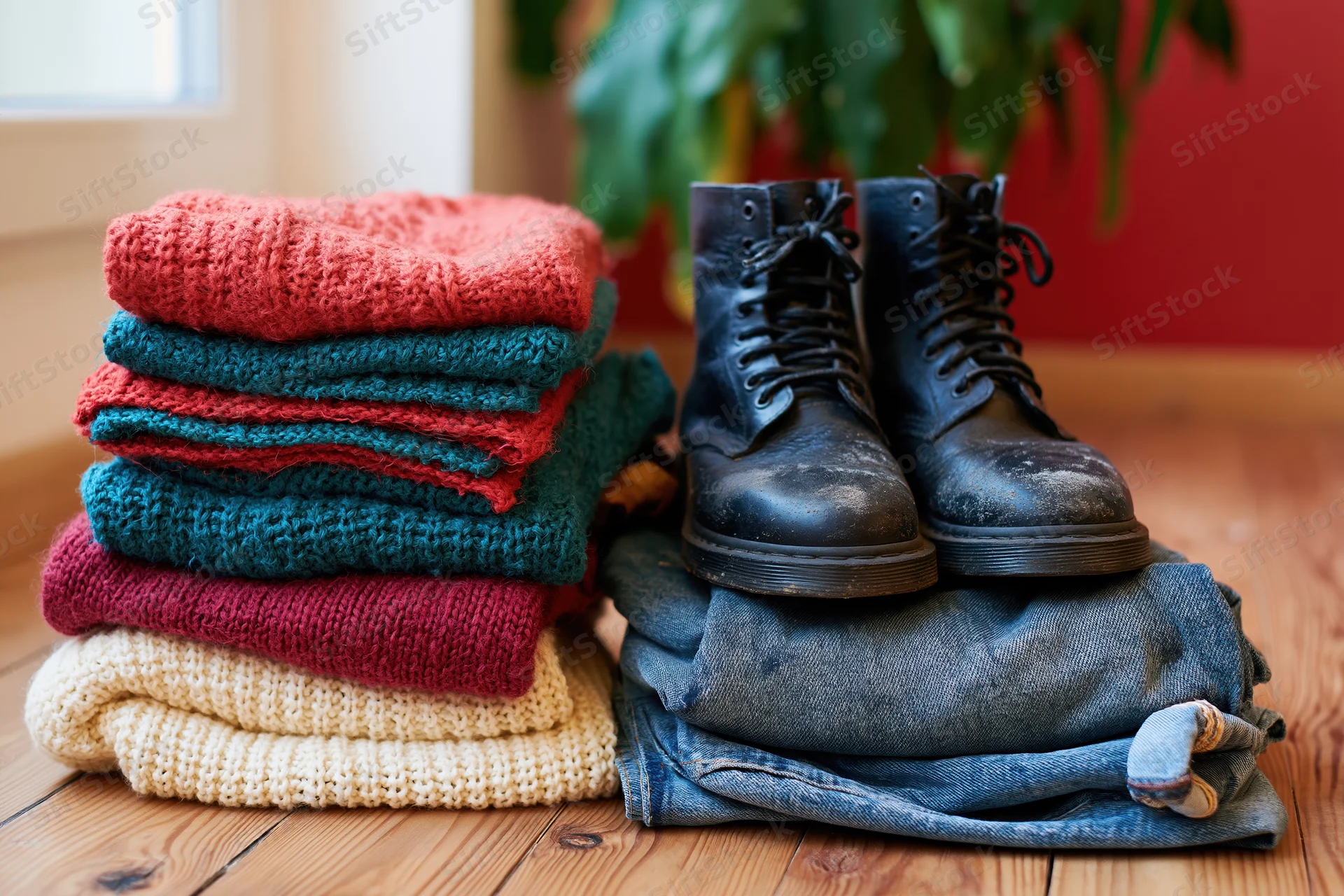 Folded sweaters and knitwear stacked beside boots on denim on wooden floor near window