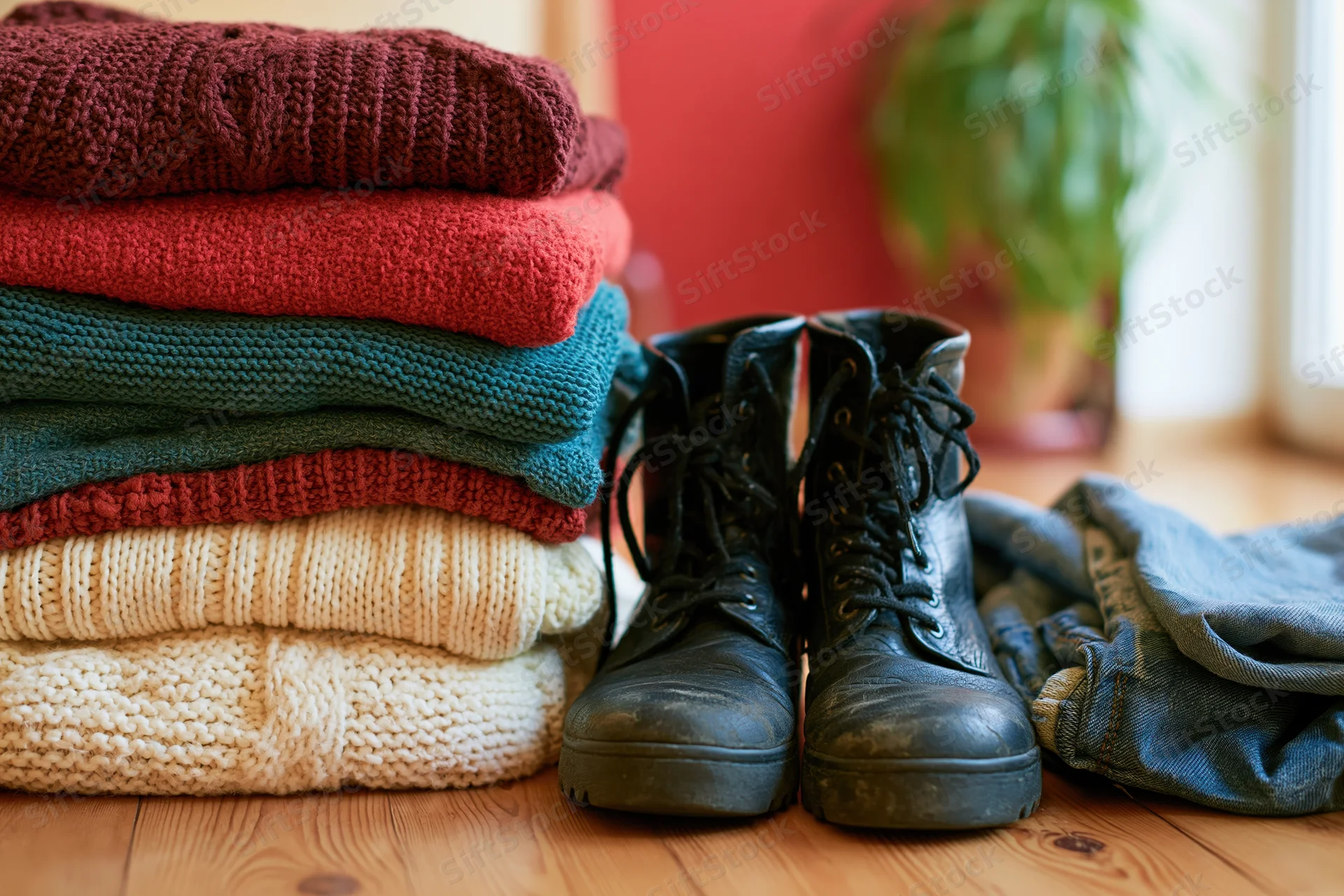 Stack of folded sweaters and knitwear in red teal and cream beside boots and jeans on wooden floor