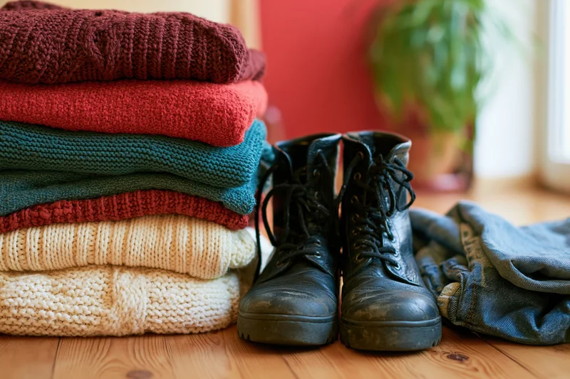 Stack of folded sweaters and knitwear in red teal and cream beside boots and jeans on wooden floor