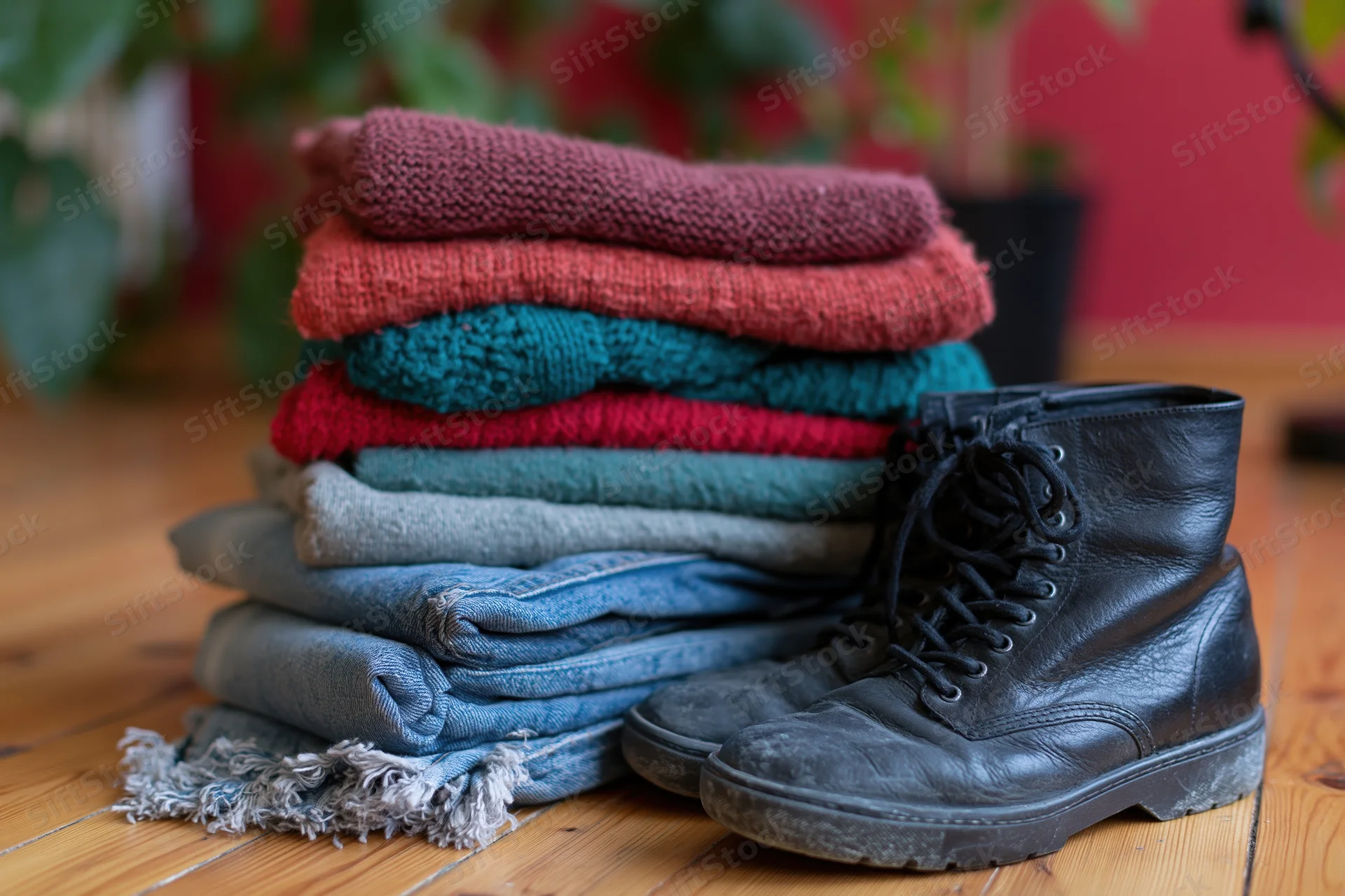 Stack of folded sweaters and knitwear in red teal and grey beside black leather boots on wooden floor