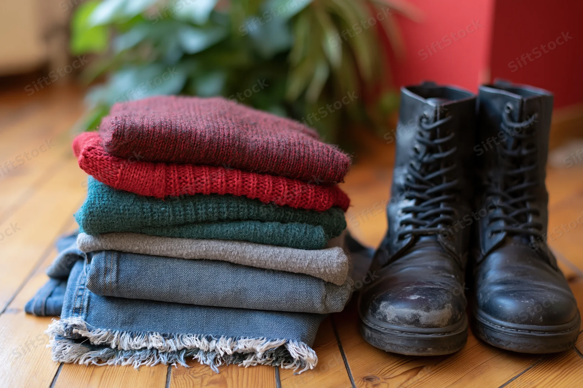 Stack of folded sweaters and knitwear in red teal and grey beside black combat boots on wooden floor