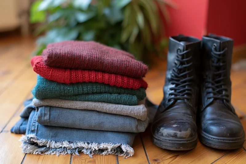 Stack of folded sweaters and knitwear in red teal and grey beside black combat boots on wooden floor
