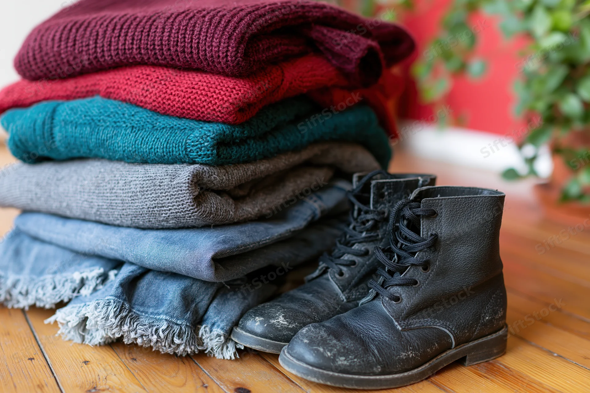 Stack of folded sweaters and knitwear in red teal and grey beside black leather boots on wooden floor