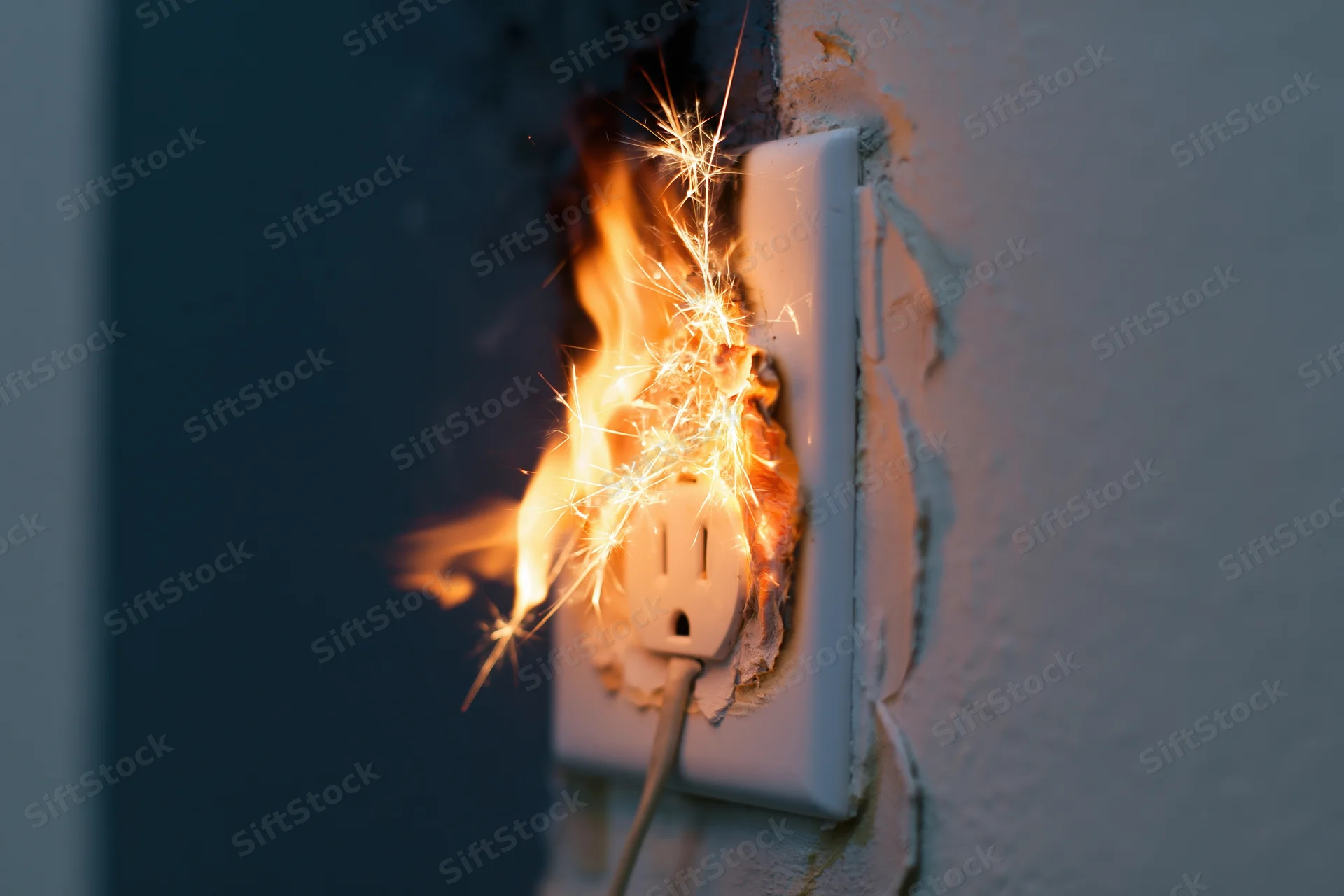 Burning electrical outlet with sparks and flame on a wall