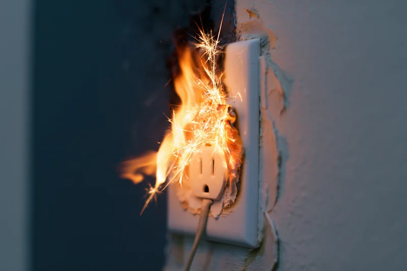 Burning electrical outlet with sparks and flame on a wall