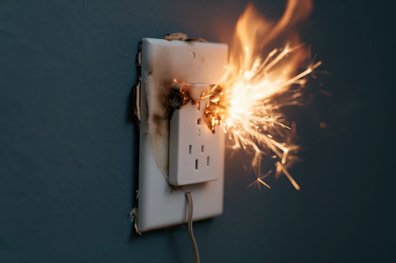 Burning electrical outlet with sparks and flame on a blue wall