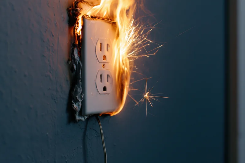 Burning electrical outlet with sparks on a blue wall