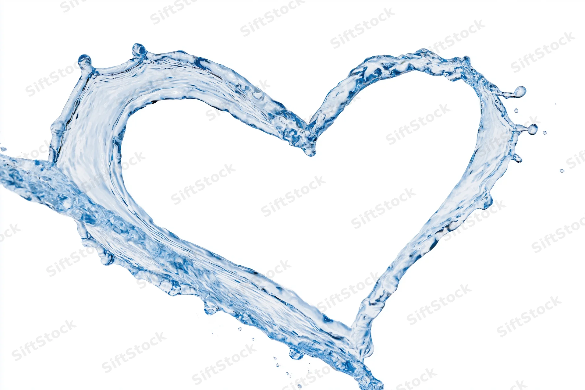 Water splash forming a heart shape against white background