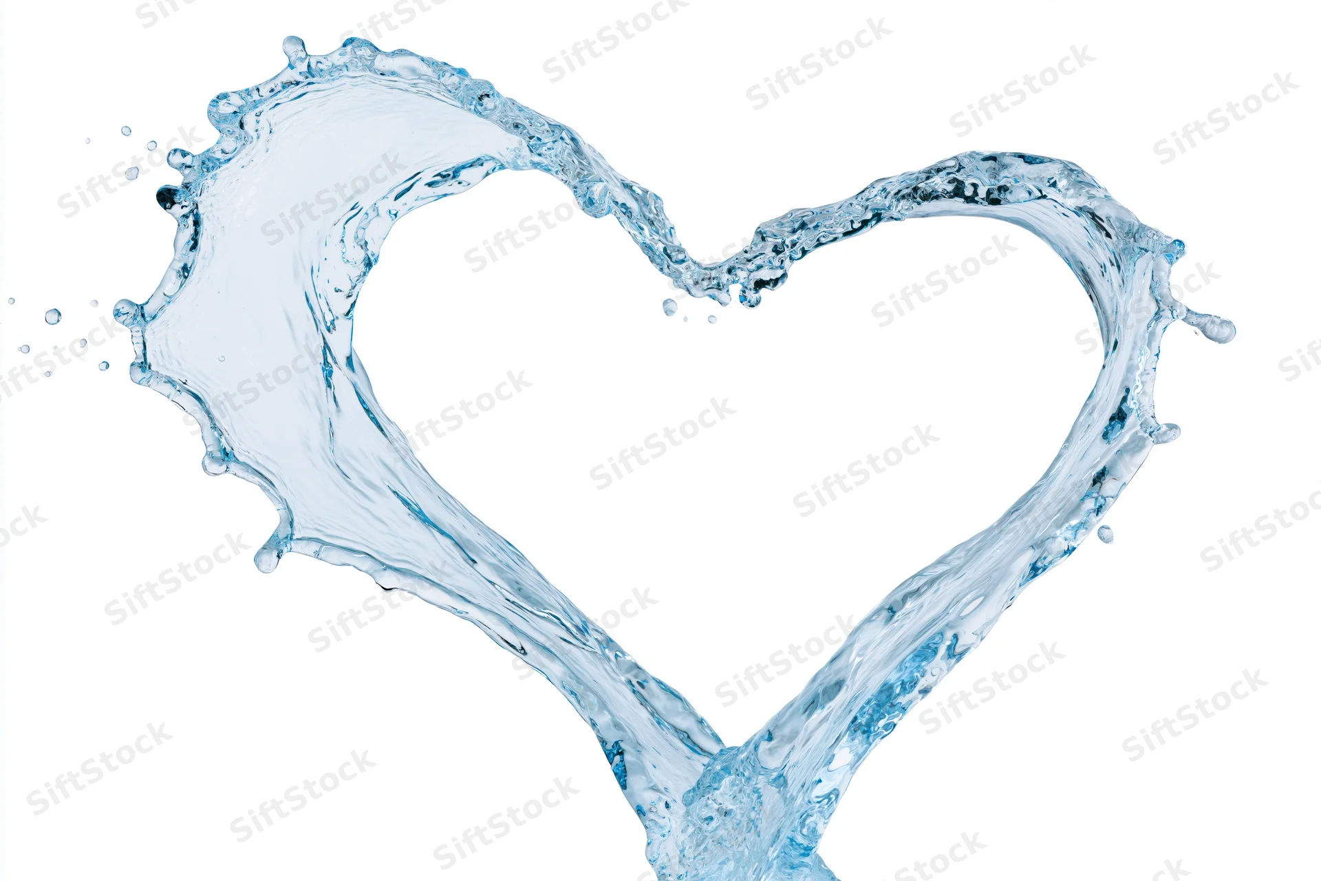 Water splash forming heart shape isolated on white background