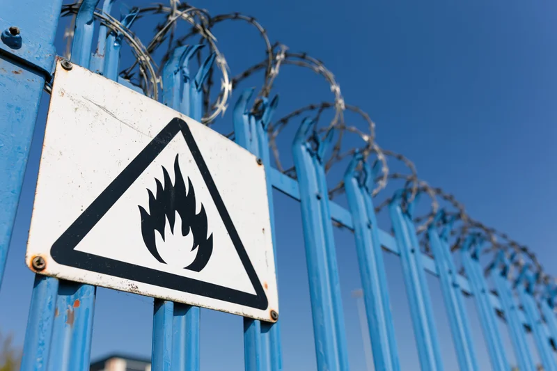 Triangular flammable warning sign mounted on blue metal fence with barbed wire against clear blue sky