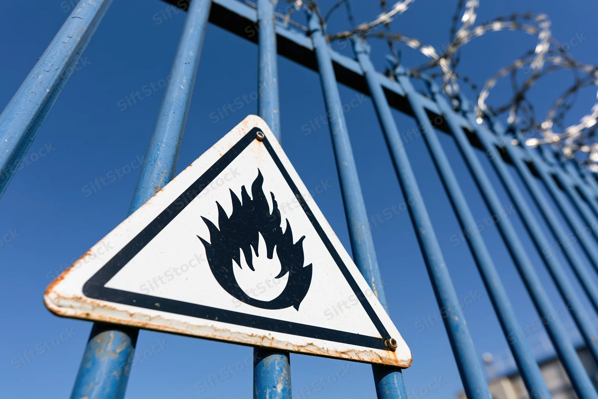 Triangular flammable warning sign mounted on blue metal fence with barbed wire against clear blue sky