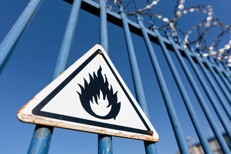 Triangular flammable warning sign mounted on blue metal fence with barbed wire against clear blue sky