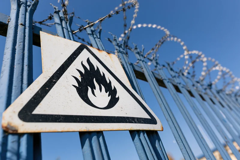 Triangular flammable warning sign mounted on blue metal fence with barbed wire against clear blue sky