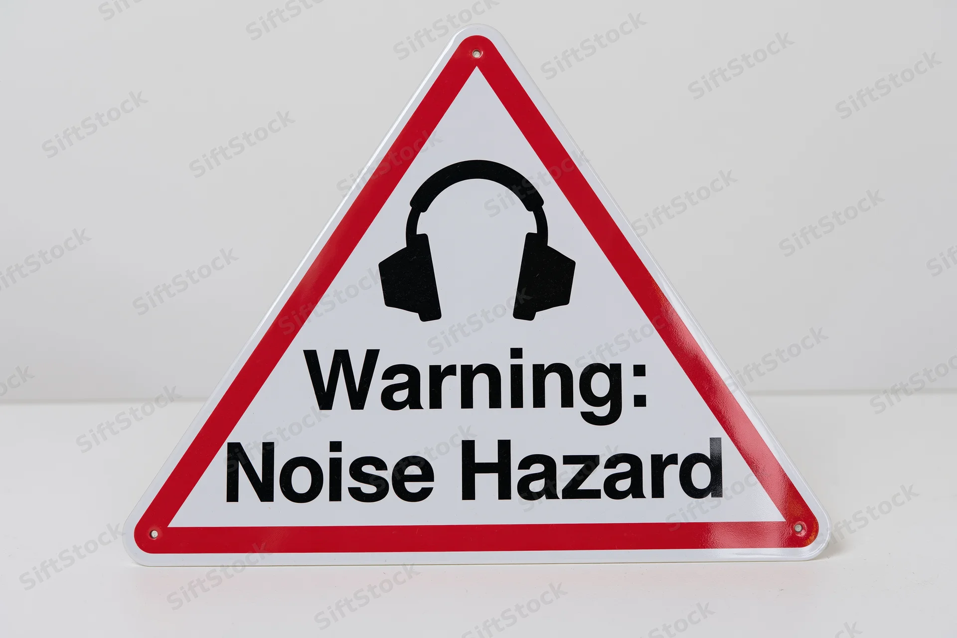 Triangular warning sign with red border and headphones symbol indicating noise hazard on white background