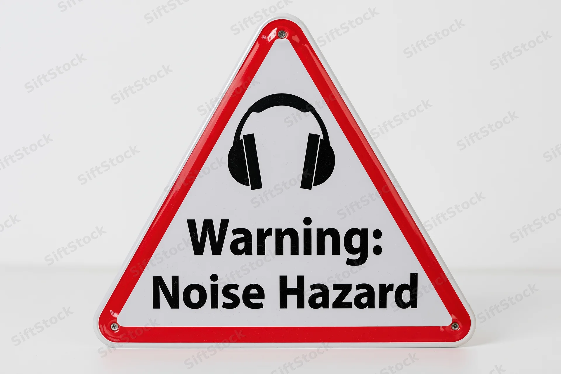Triangular warning sign with red border and headphones symbol indicating noise hazard on white background
