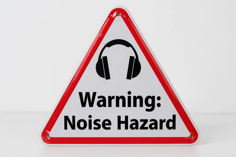 Triangular warning sign with red border and headphones symbol indicating noise hazard on white background