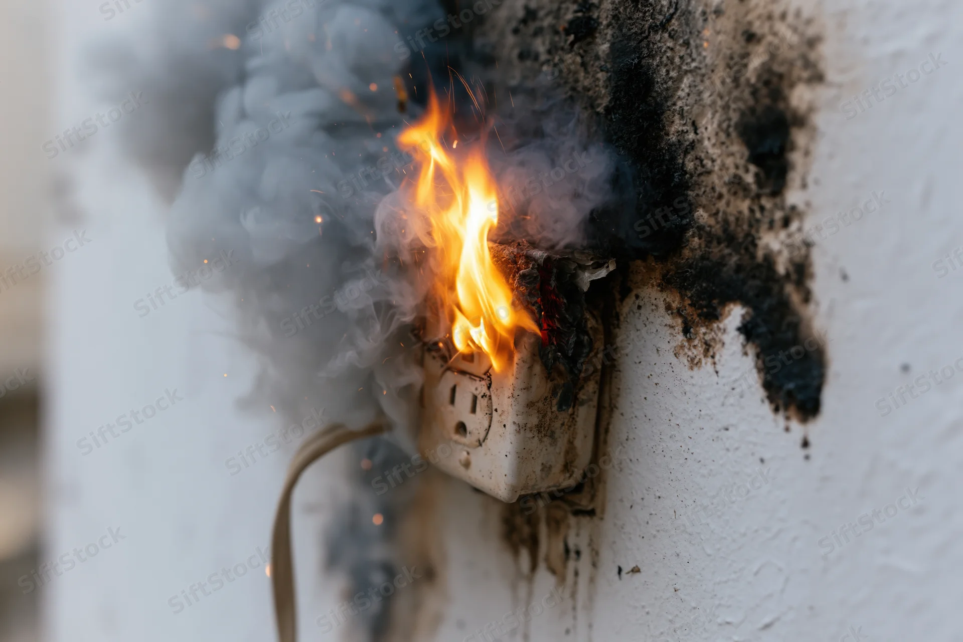 Burning electrical outlet on a white wall with smoke and sparks rising