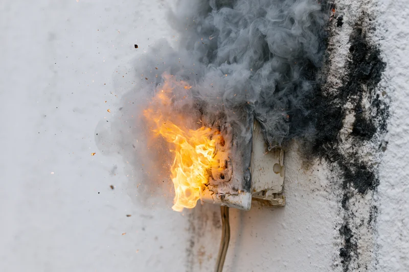 Burning electrical outlet on a wall emitting flames and smoke