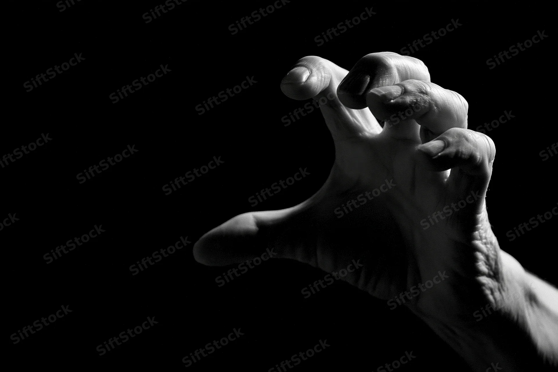 Weathered hand reaching forward with fingers curled in a grasping gesture against black background