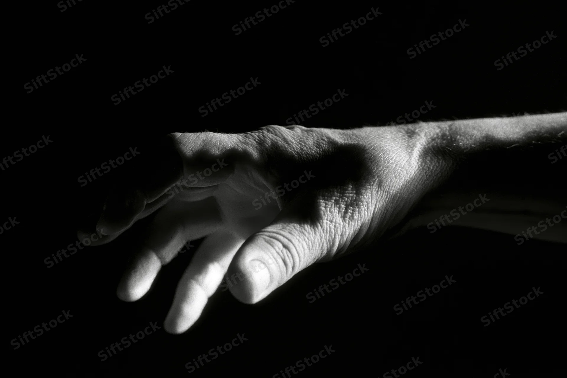 Weathered hand reaching forward against black background