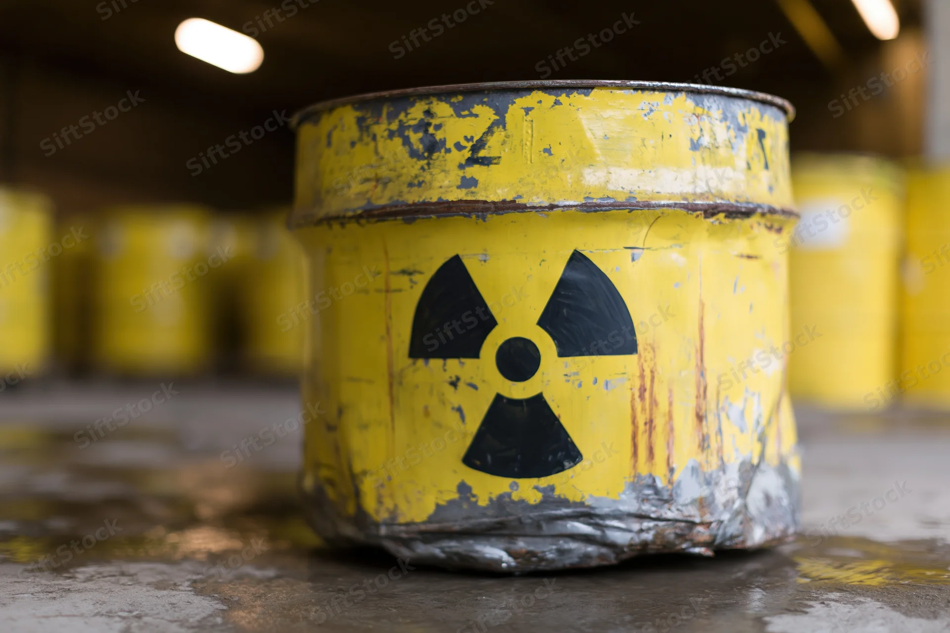 Weathered yellow steel drum with black radiation symbol in industrial storage facility