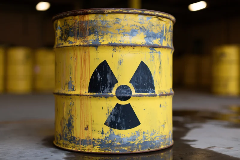 Weathered yellow steel drum with black radiation symbol in industrial warehouse