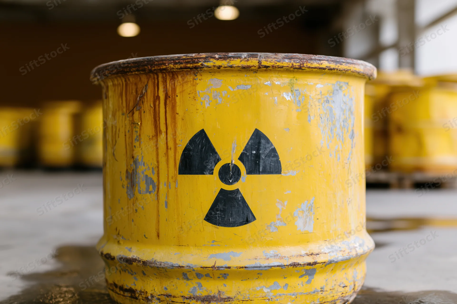 Weathered yellow steel drum with radiation symbol in industrial storage facility