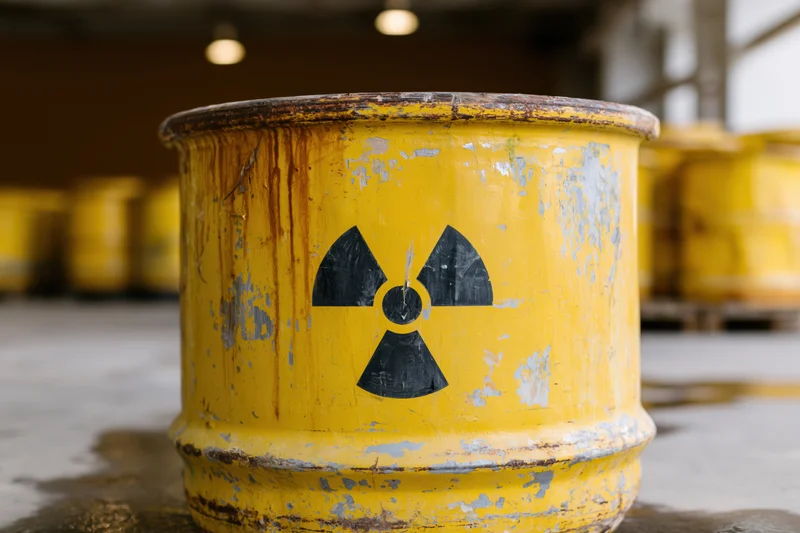Weathered yellow steel drum with radiation symbol in industrial storage facility