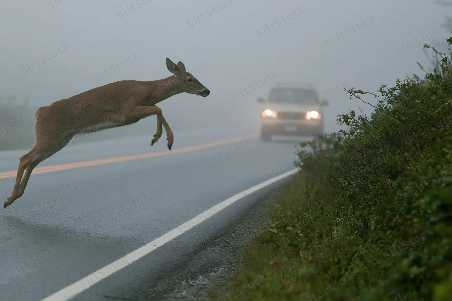 White-tailed deer mid-leap across wet road with approaching vehicle in fog